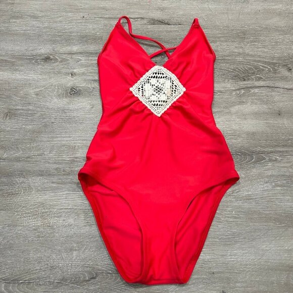 Aerie Bright Red V-Neck One Piece Bathing Suit Swimsuit Crochet Women’s Size XS - Picture 3 of 6
